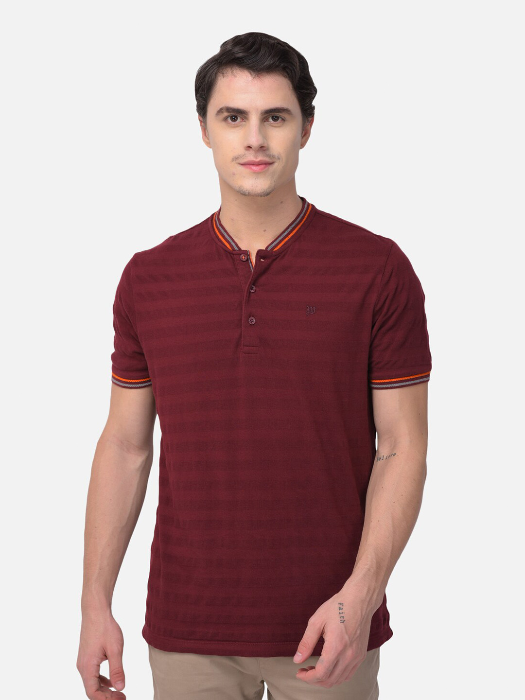 Woods Men Burgundy Striped Henley Neck T-shirt