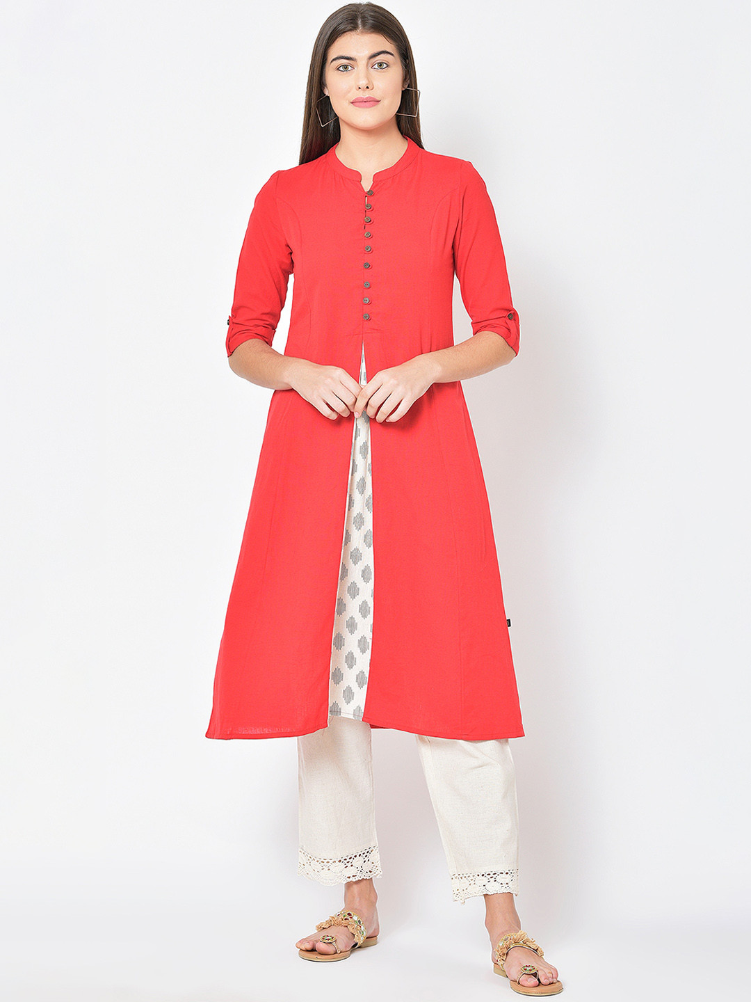 Pistaa Women Red High Slit Kurta