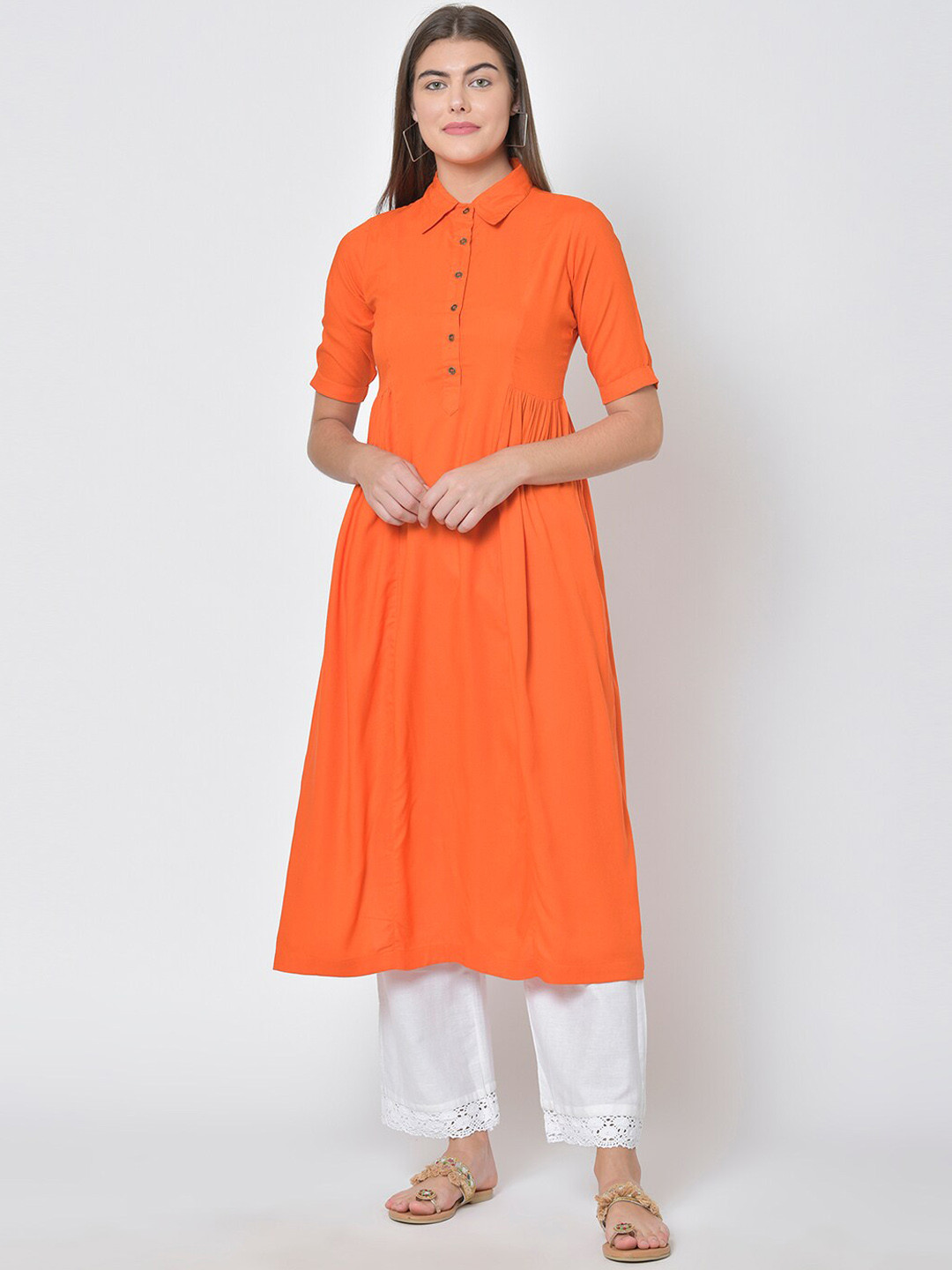 Pistaa Women Orange Solid Anarkali Kurta