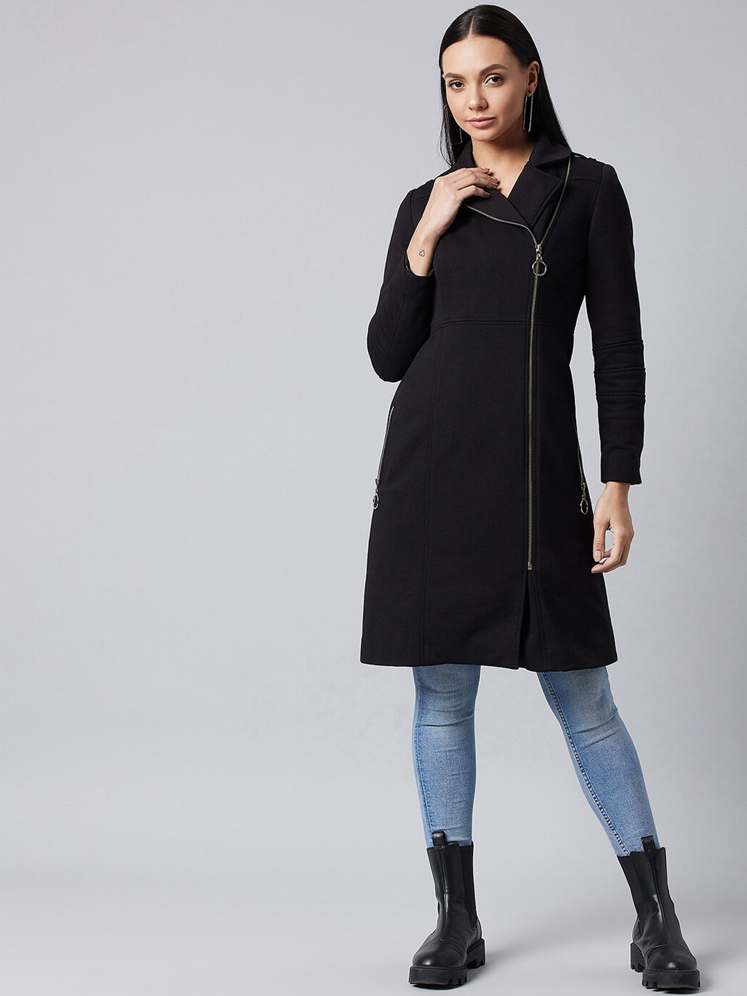 DOLCE CRUDO Women Black Longline Tailored Jacket