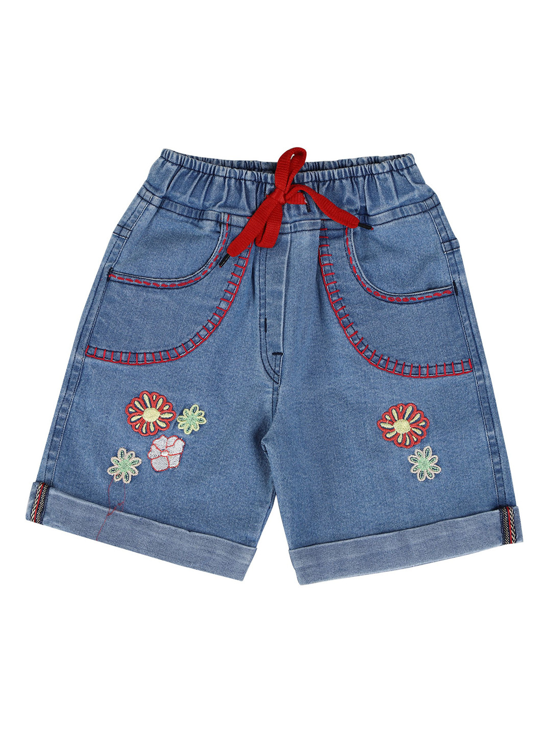 CREMLIN CLOTHING Girls Blue Floral Embroidered Denim Shorts