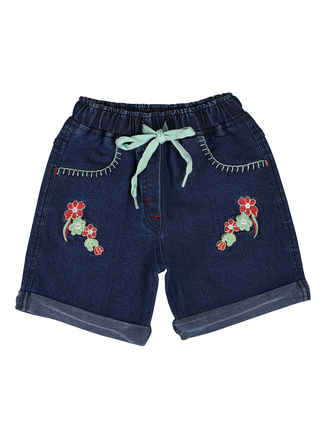 CREMLIN CLOTHING Girls Blue Floral Embroidered Washed Denim Shorts