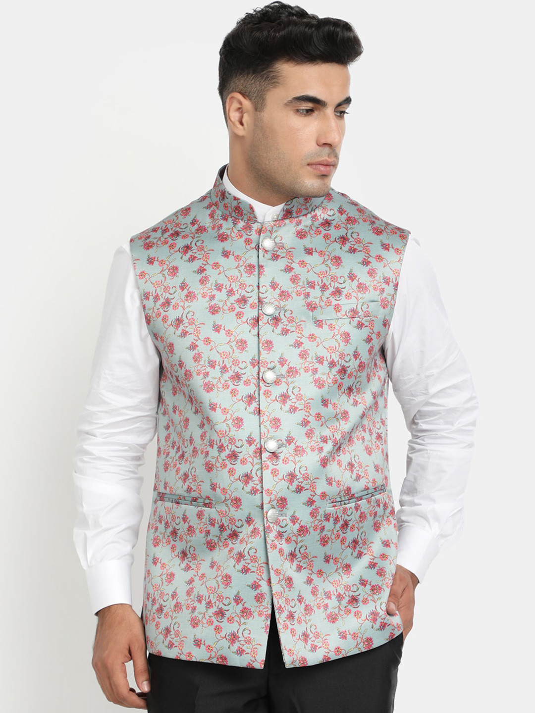 HOB Men Grey & Pink Floral Printed Nehru Jacket