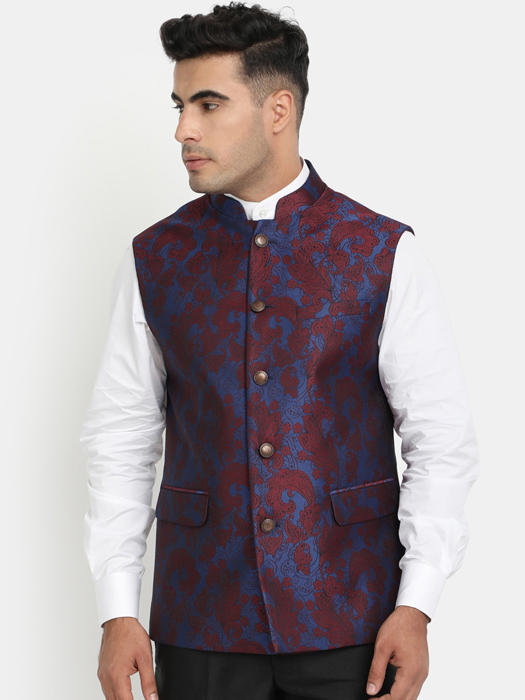 HOB Men Maroon & Blue Woven-Design Jacquard Nehru Jacket