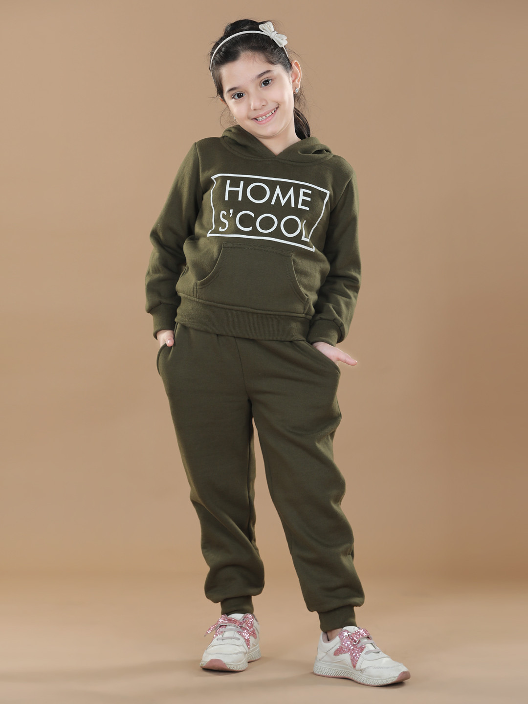 StyleStone Girls Olive Green & White Printed Cotton Hooded Tracksuit