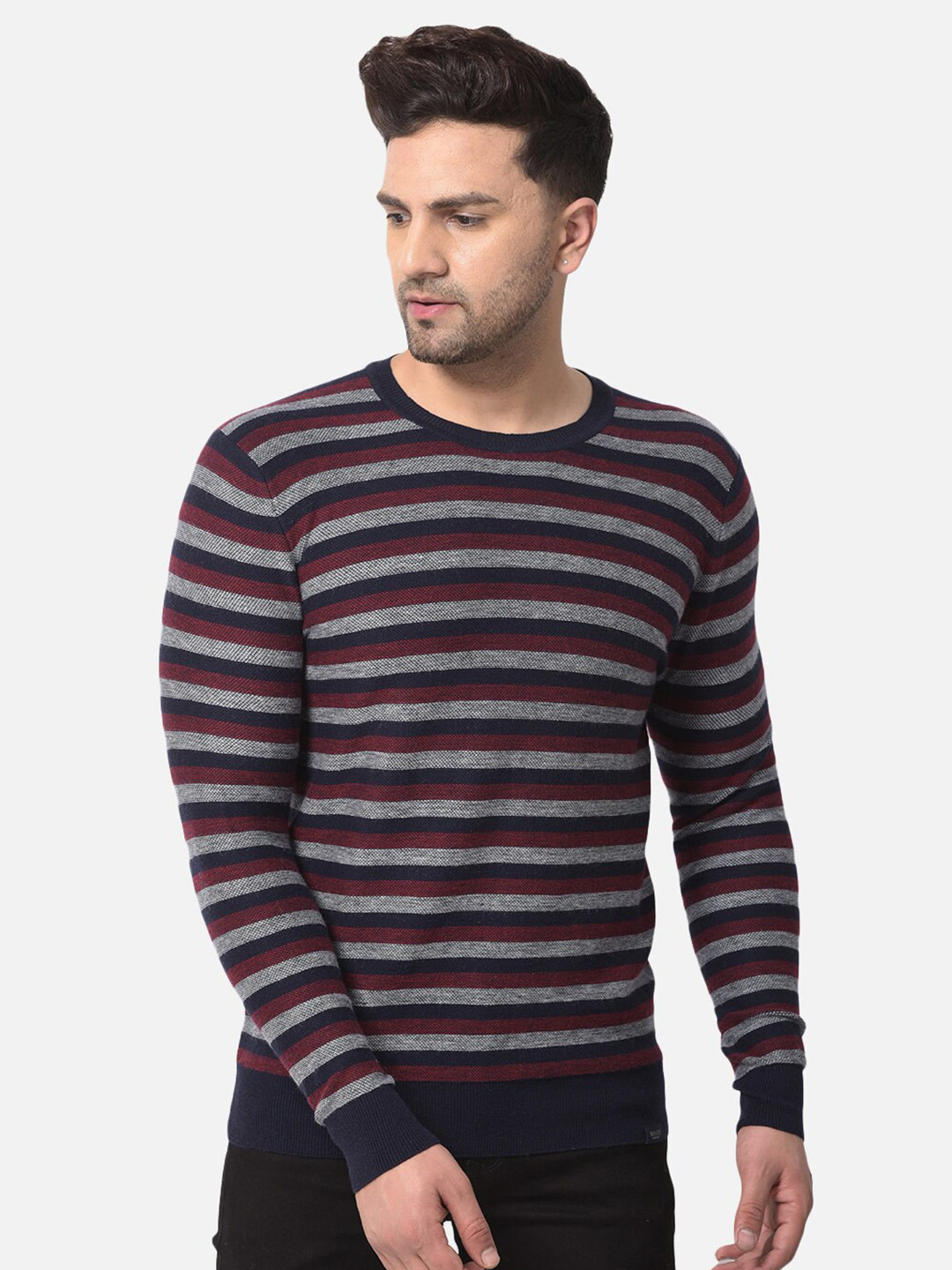 Woods Men Navy Blue Striped Sweater