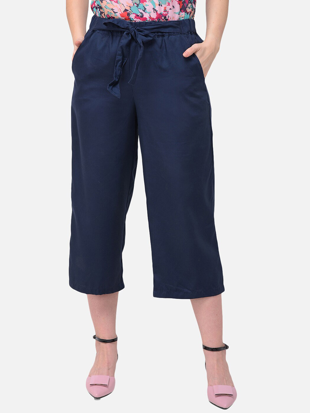 Woods Women Navy Blue Solid Relaxed Straight Leg Culottes Trousers