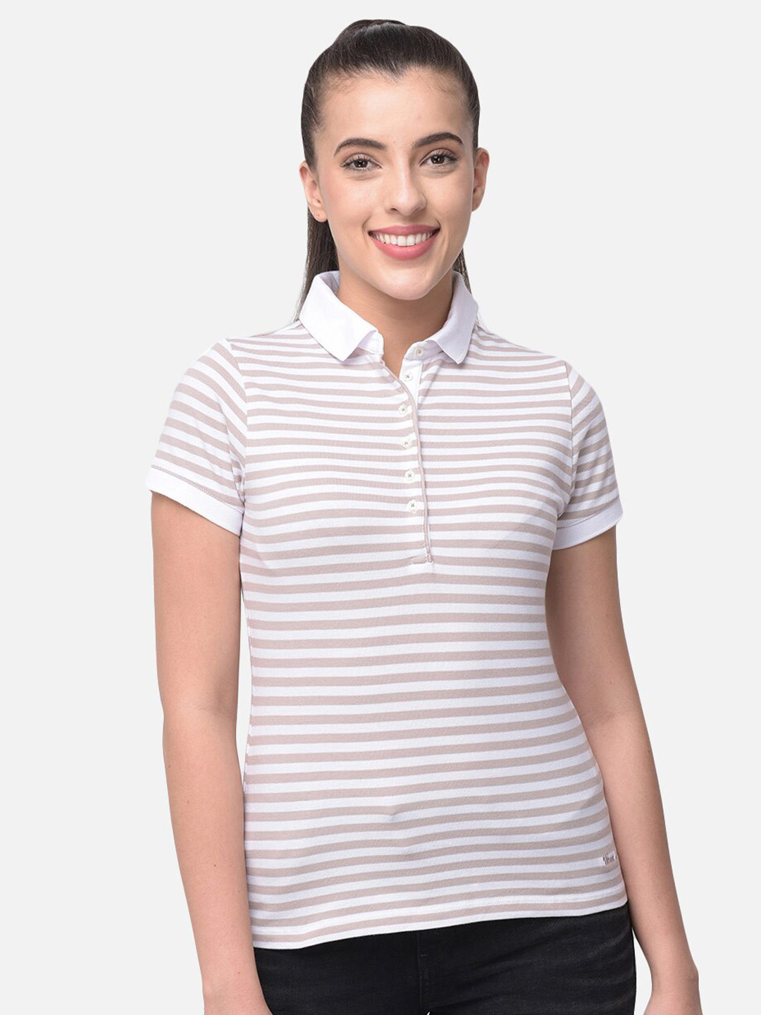 Woods Women White & Pink Striped Polo Collar T-shirt