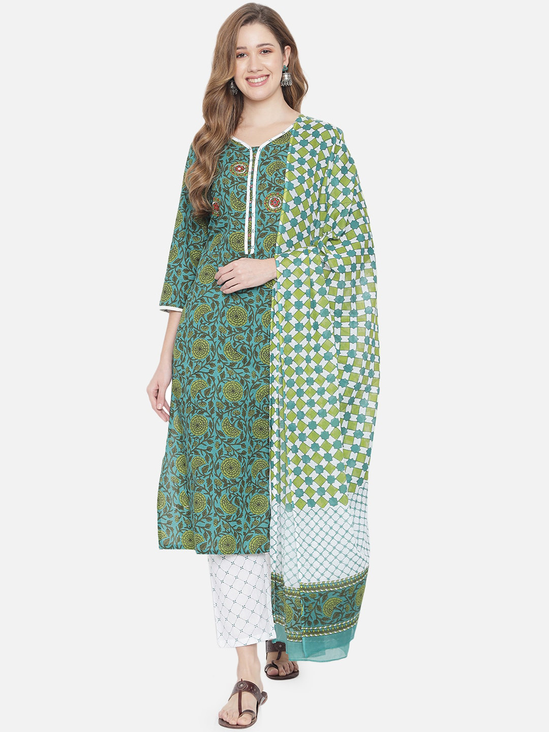 AKIMIA Women Green Floral Printed Pure Cotton Kurta Set With Dupatta