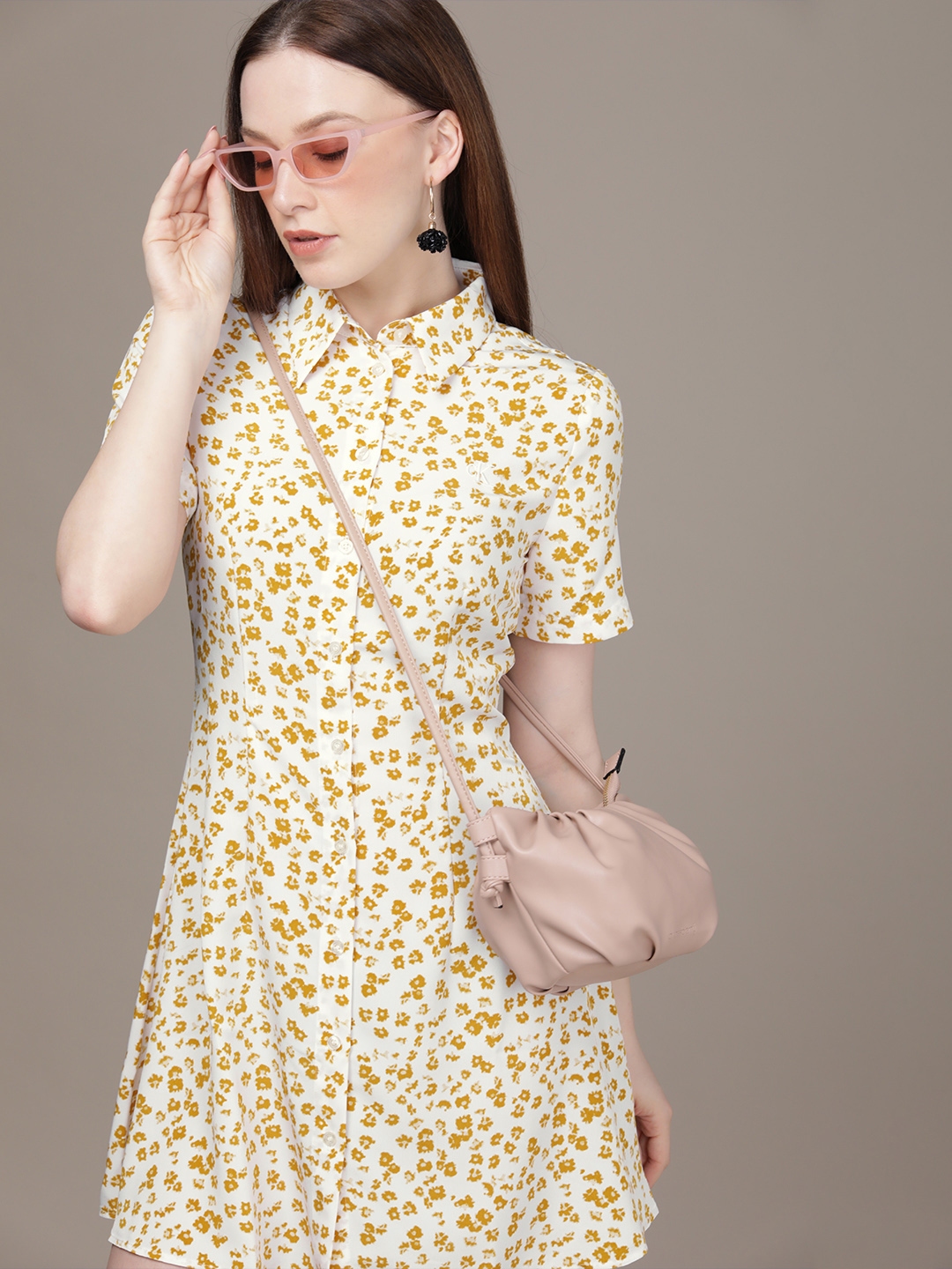 Buy Calvin Klein Jeans White Mustard Yellow Floral Print Shirt Collar Embroidered Mini Dress Dresses for Women 16497870 Myntra