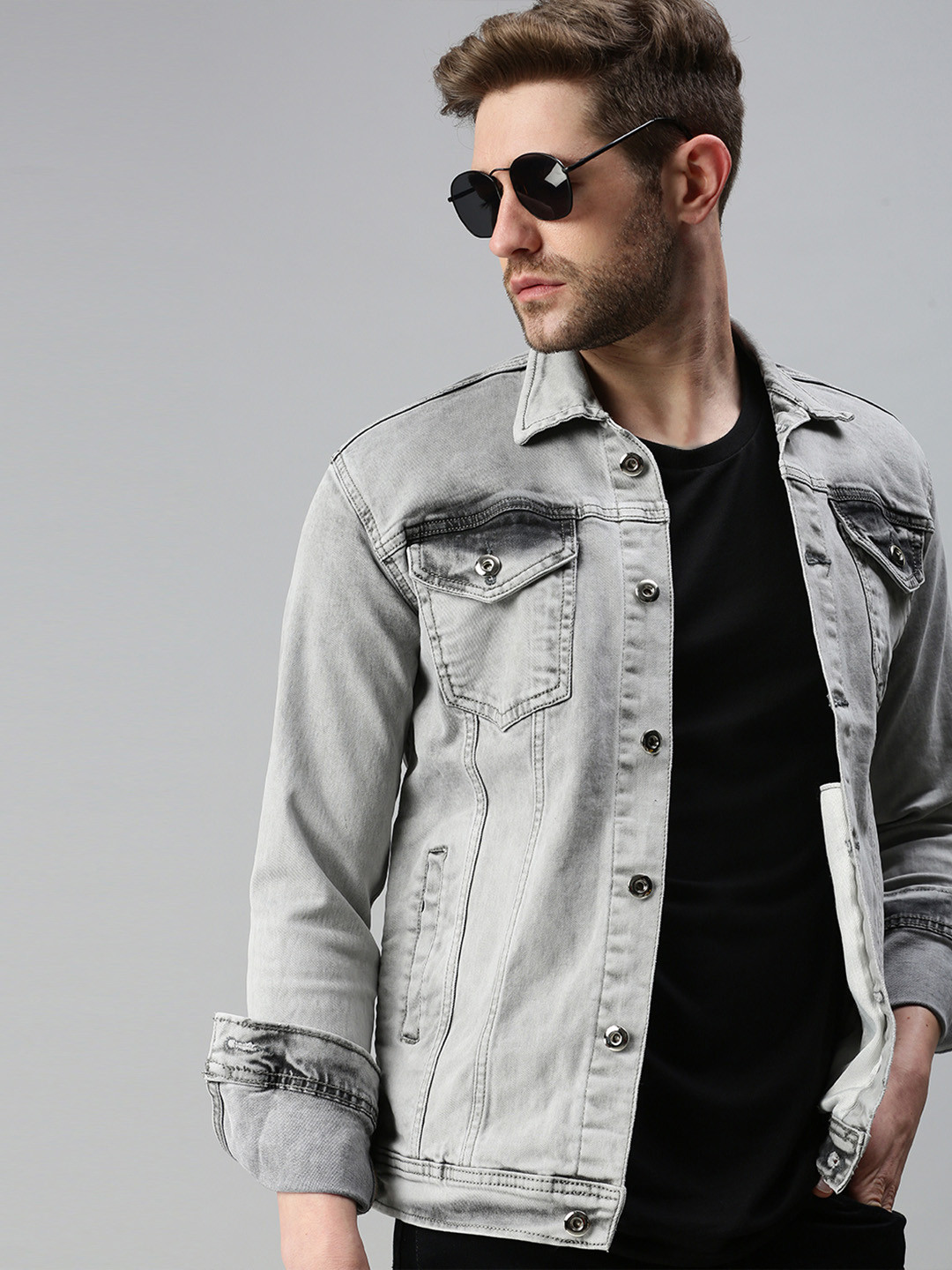 SHOWOFFFF Men Grey Washed Slim Fit Windcheater Denim Jacket