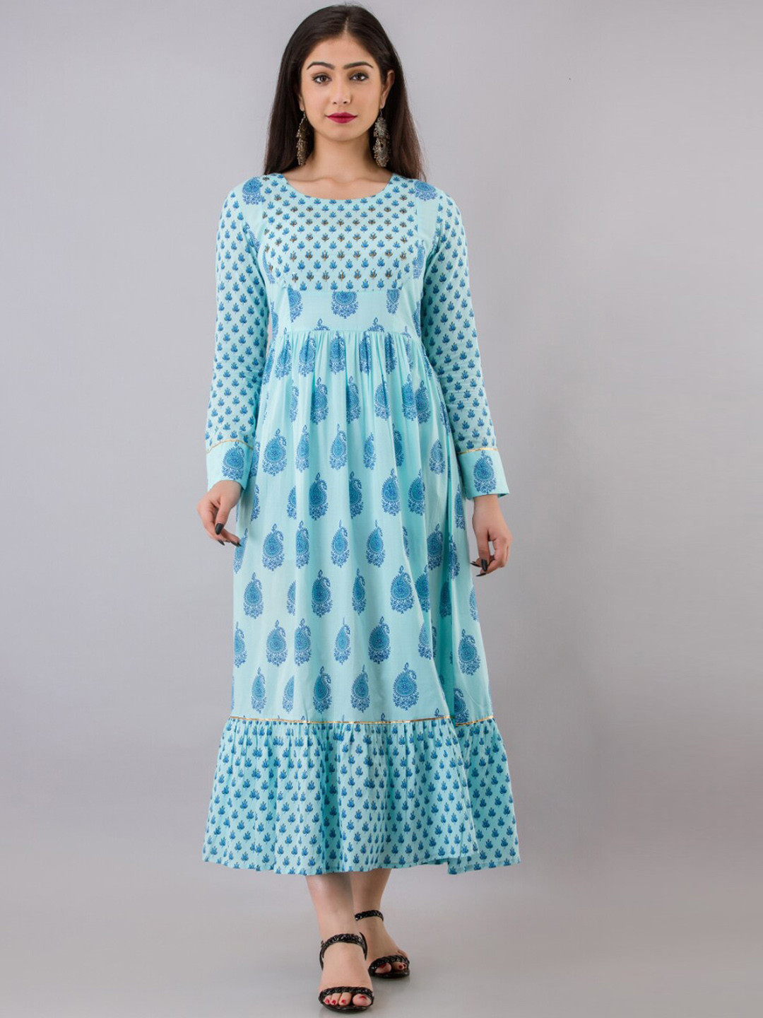 KALINI Women Turquoise Blue Ethnic Motifs Printed Anarkali Kurta