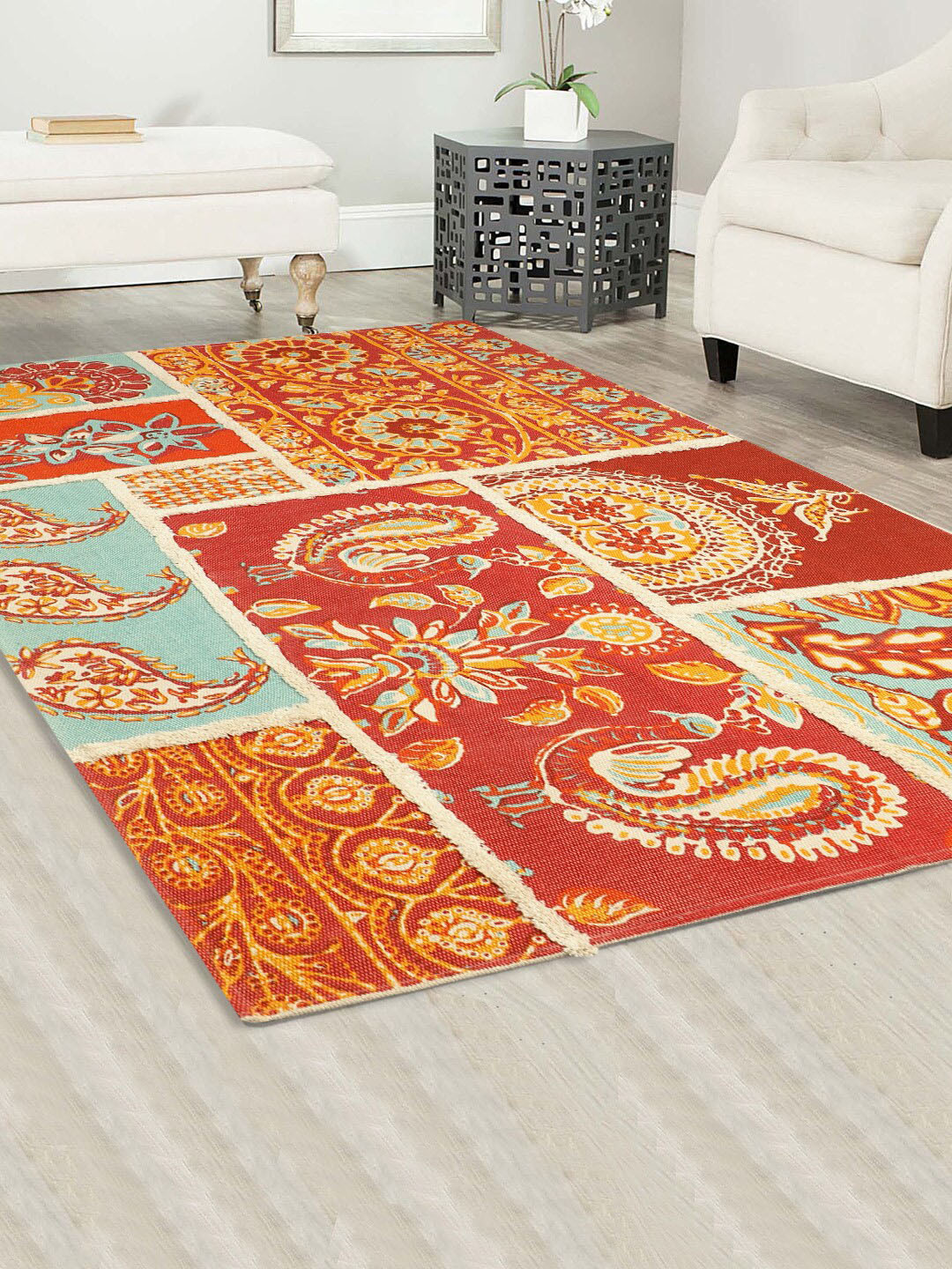 BLANC9 Multicolored Printed Cotton Rectangular Carpet