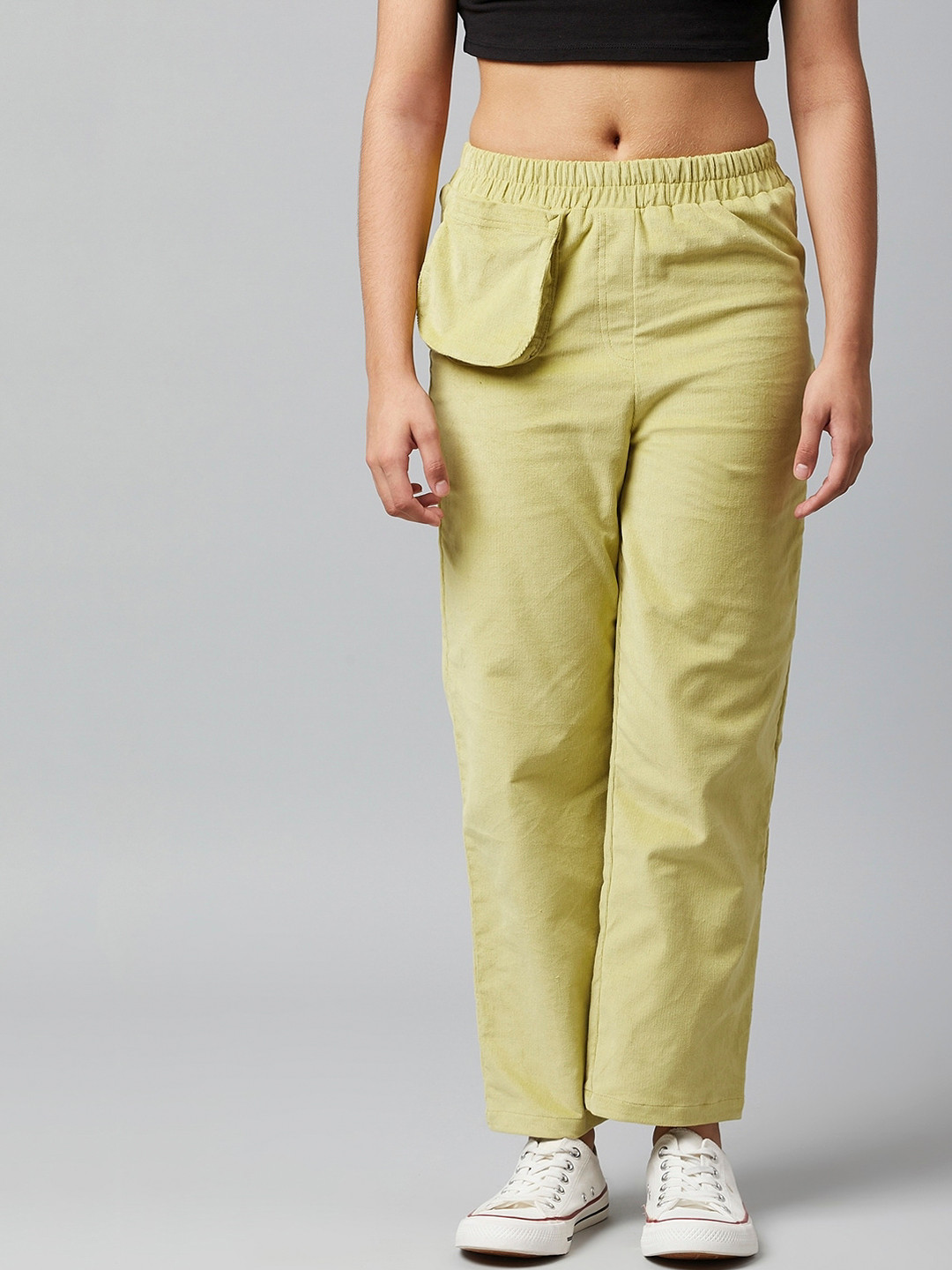 Athena Girl Girls Green Solid Easy Wash Corduroy Trousers