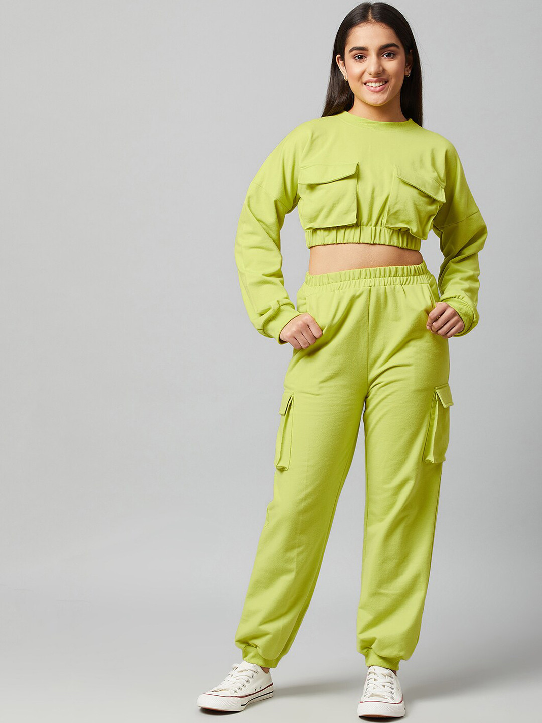 Athena Girl Fluorescent Green Solid Co-ord set