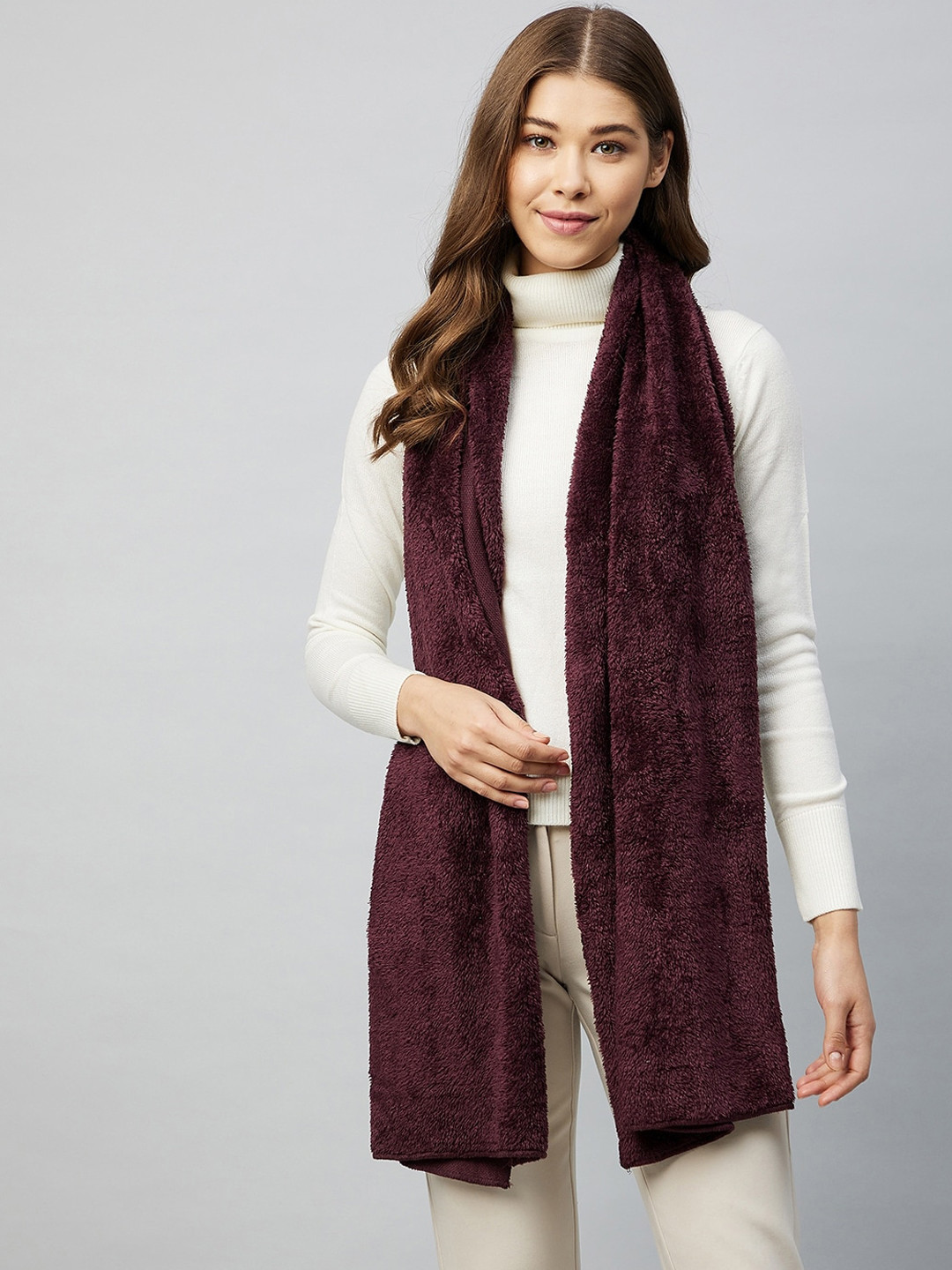 Athena Women Burgundy Solid Fur Muffler