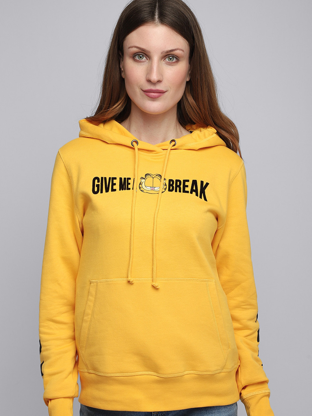 Free Authority Women Yellow Garfield Printed Hooded Sweatshirt