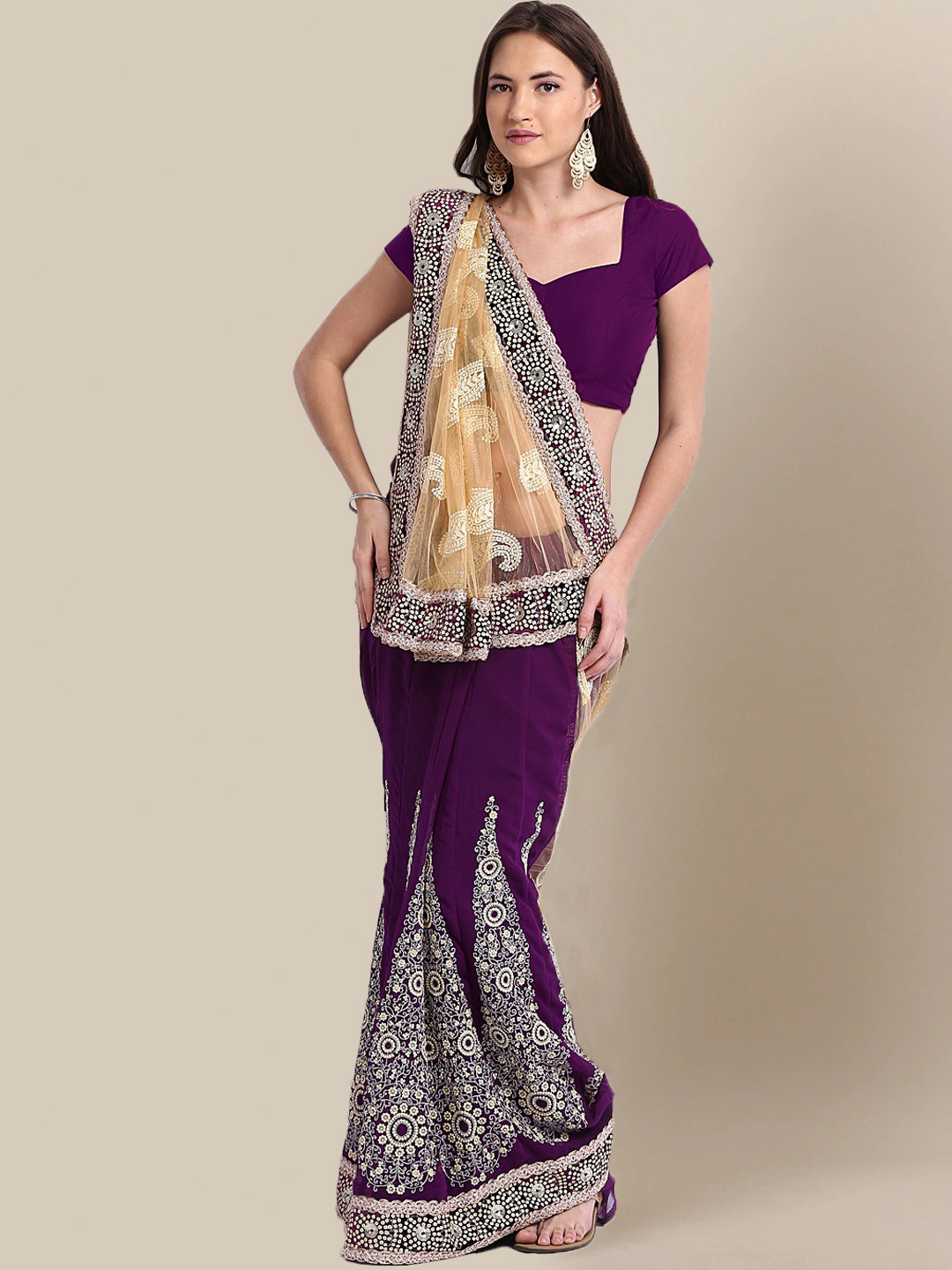 Chhabra 555 Purple & Gold-Toned Paisley Sequinned Net Half and Half Saree