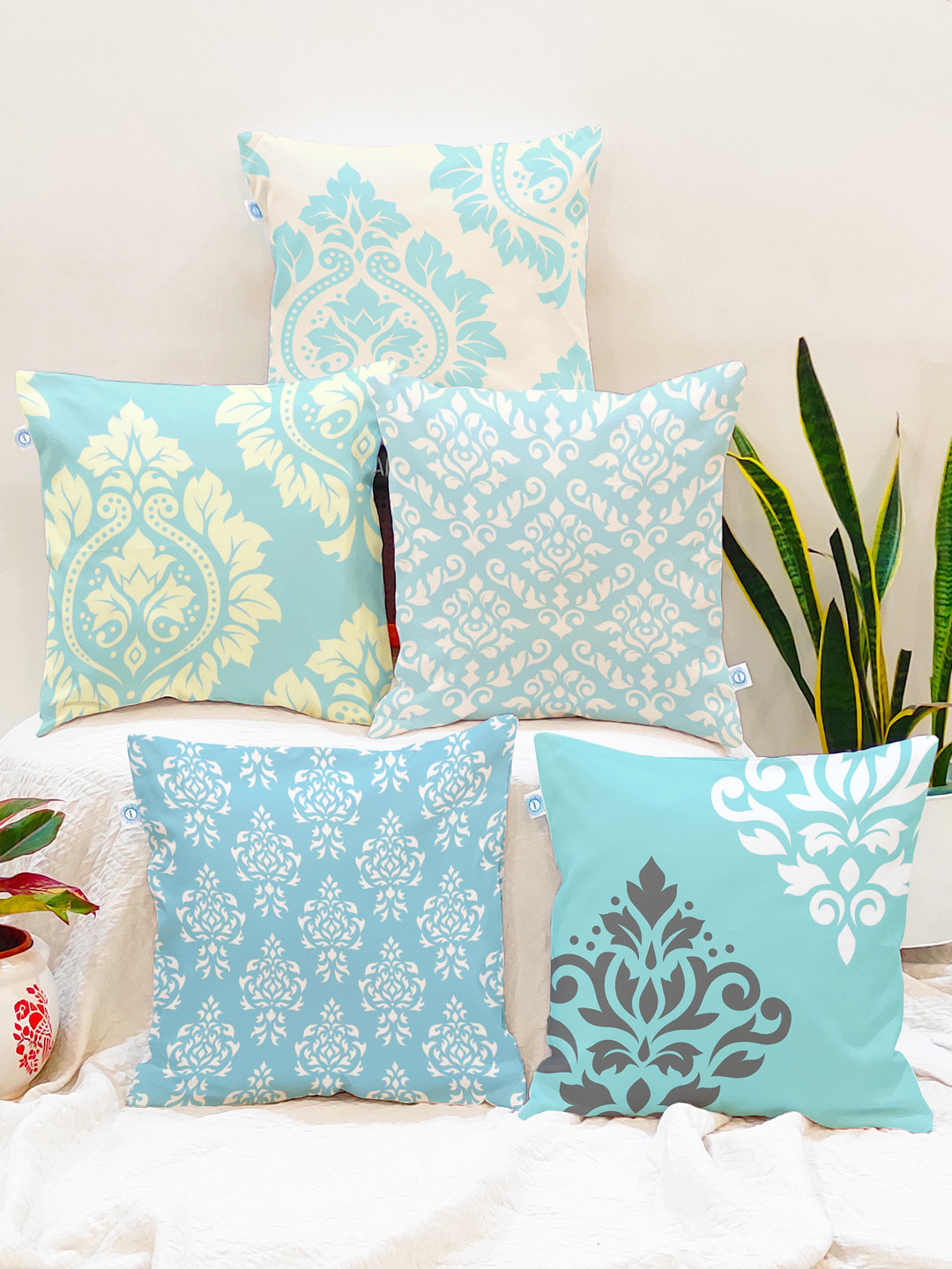 STITCHNEST Ethnic Print Blue Ethnic Motifs Cotton 5 Piece Square Cushion Covers -16x16In