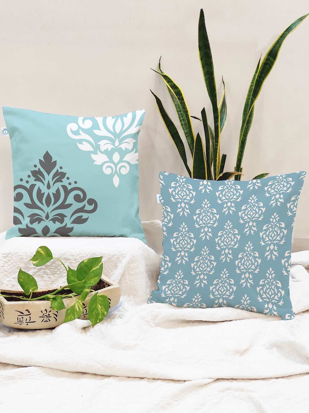 STITCHNEST Set of 2 Blue & White Ethnic Motifs 24'' x 24'' Cushion Cover