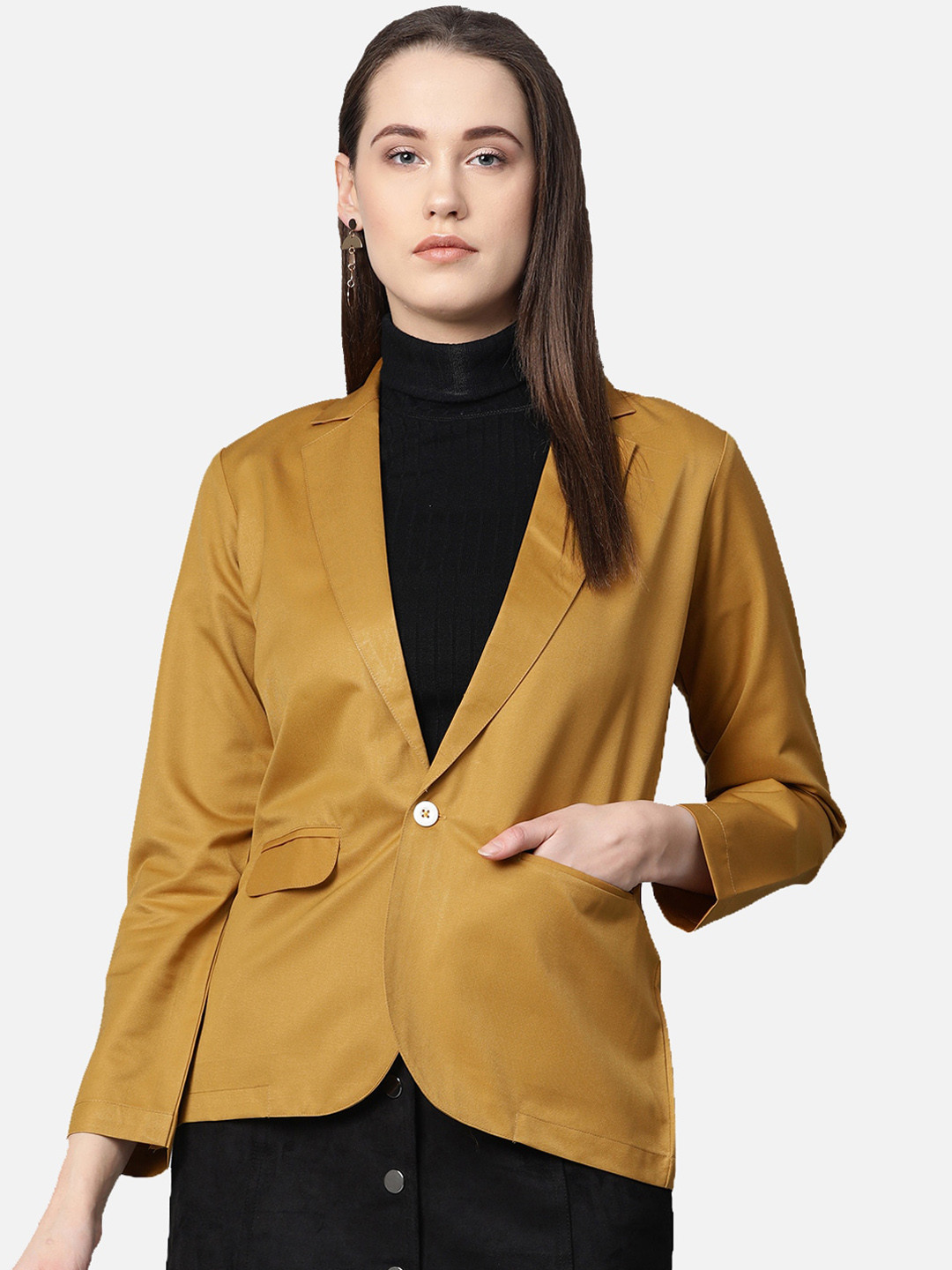 Jompers Women Mustard-Yellow Solid Single-Breasted Blazer