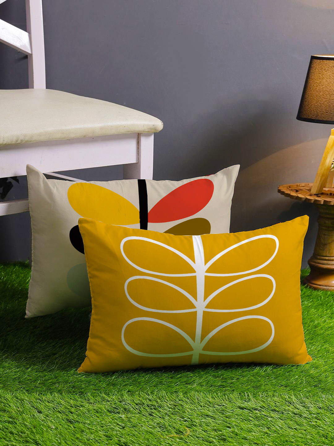 STITCHNEST Yellow Floral Cotton Breathable 2 Piece Rectangle Cushion Covers -12x18In