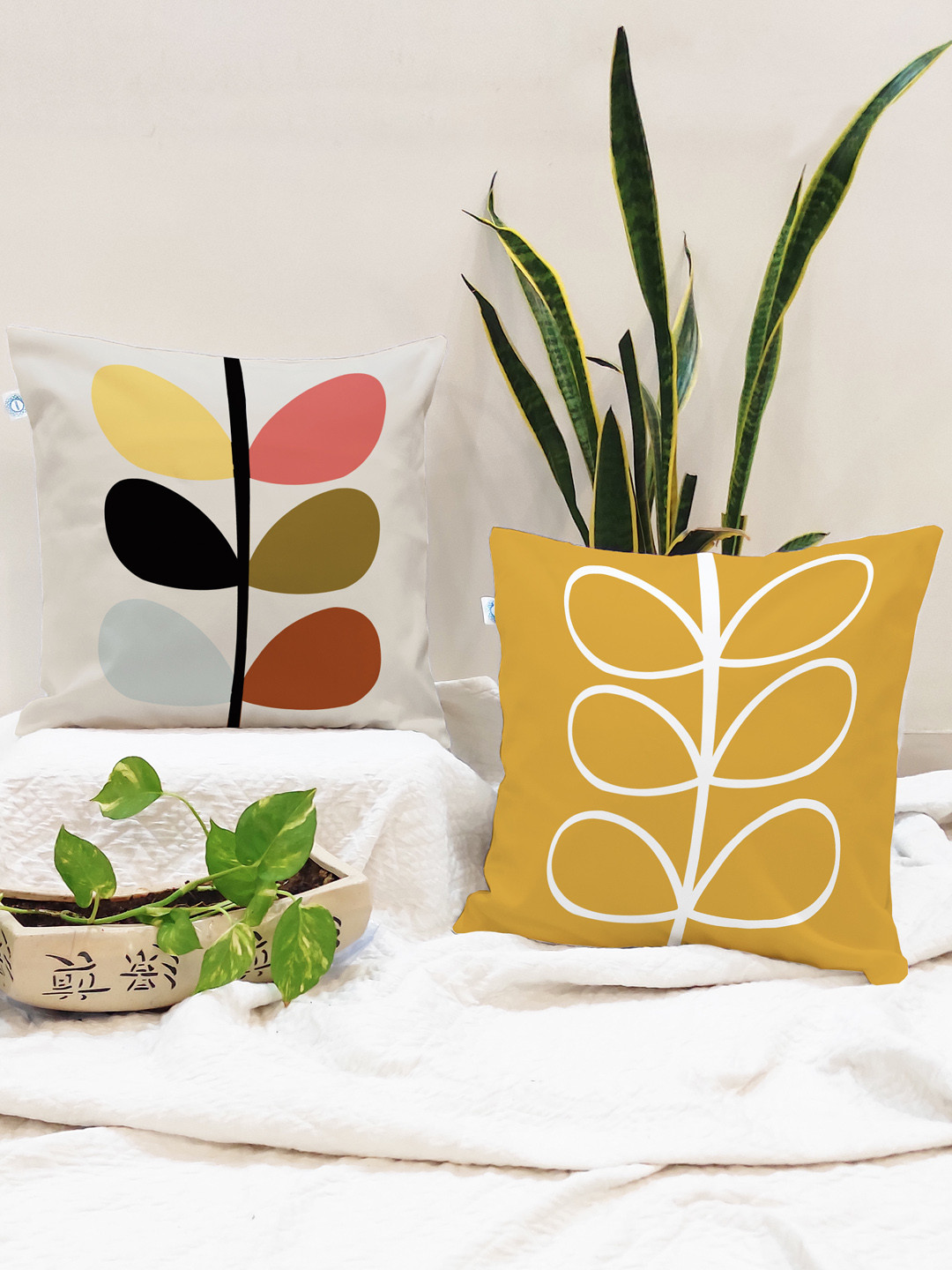 STITCHNEST Light-Weight Yellow Floral Cotton 2 Piece Square Cushion Covers -16x16In