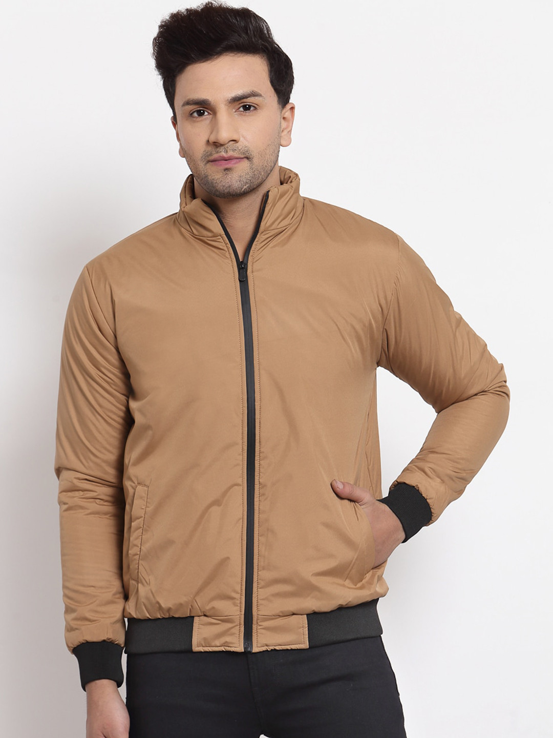 Style Quotient Men Tan & Black Solid Lightweight Bomber Jacket