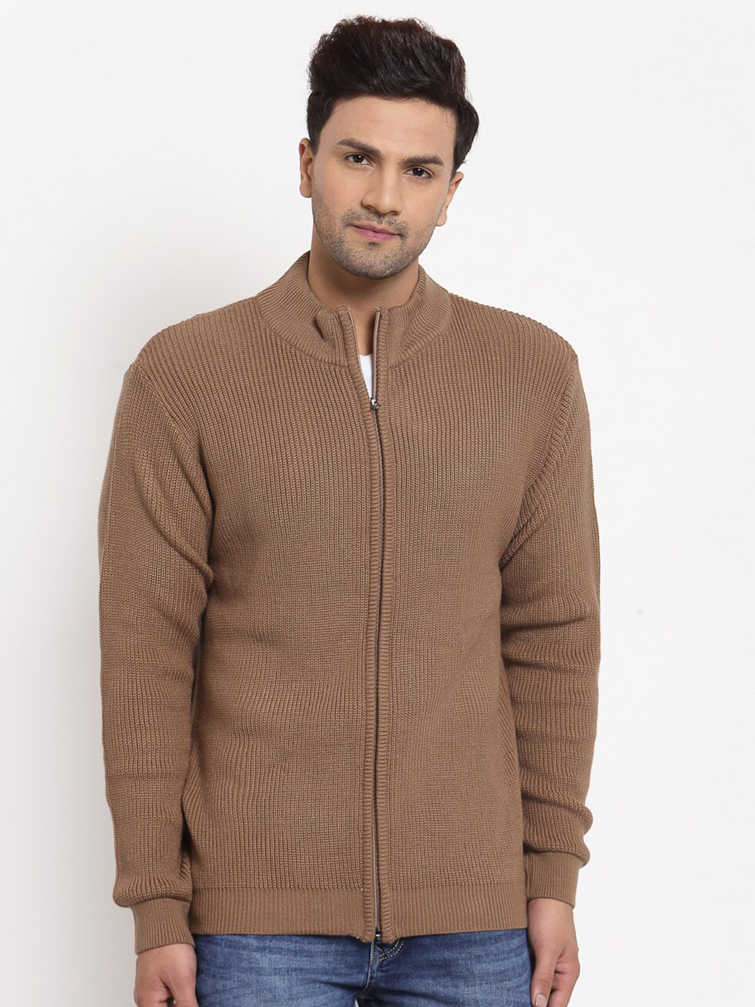 Style Quotient Men Tan Ribbed Cardigan