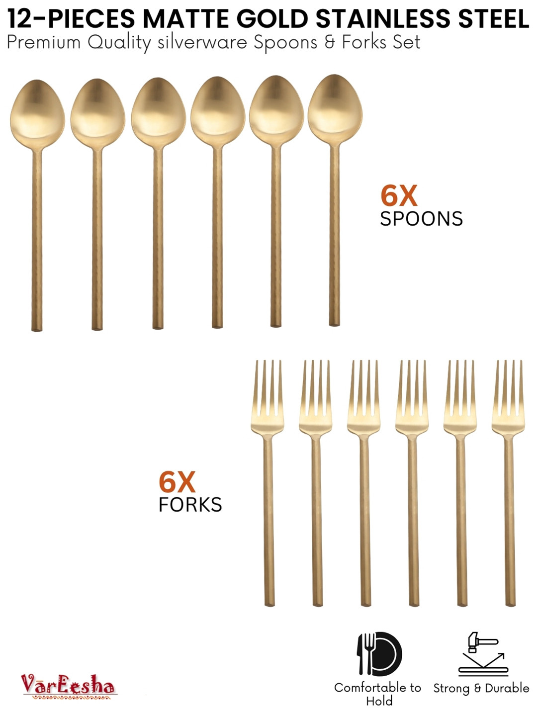 VarEesha Set Of 12 Gold-Toned Matt Stainless Steel Cutlery Sets