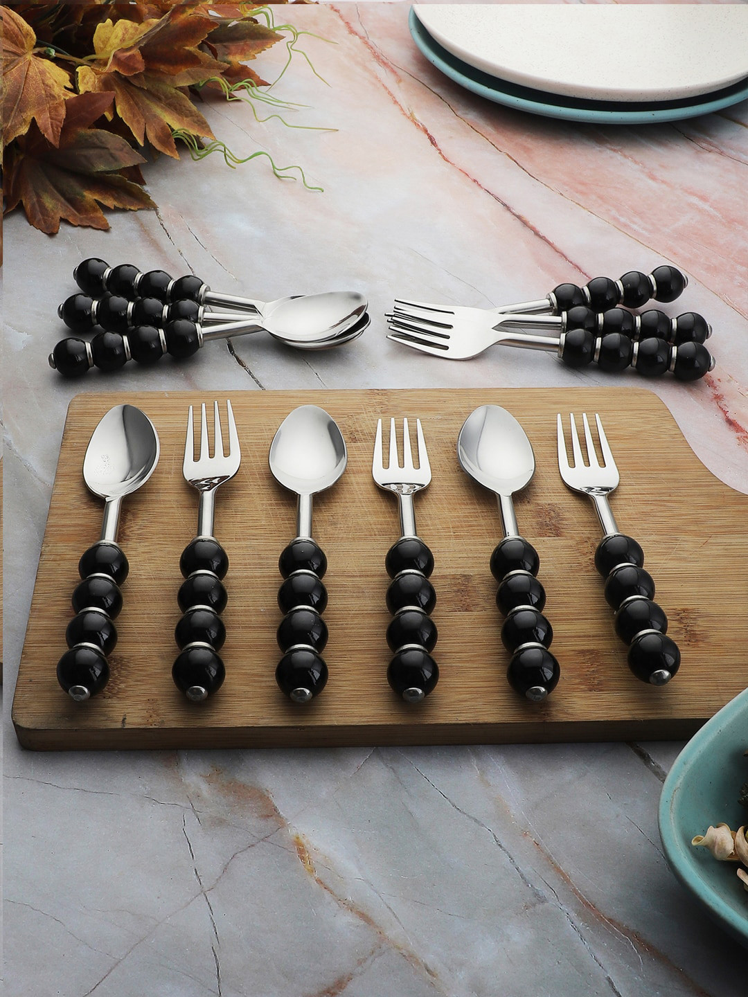 VarEesha Set Of 12 Black & Silver-Toned Stainless Steel Cutlery Sets