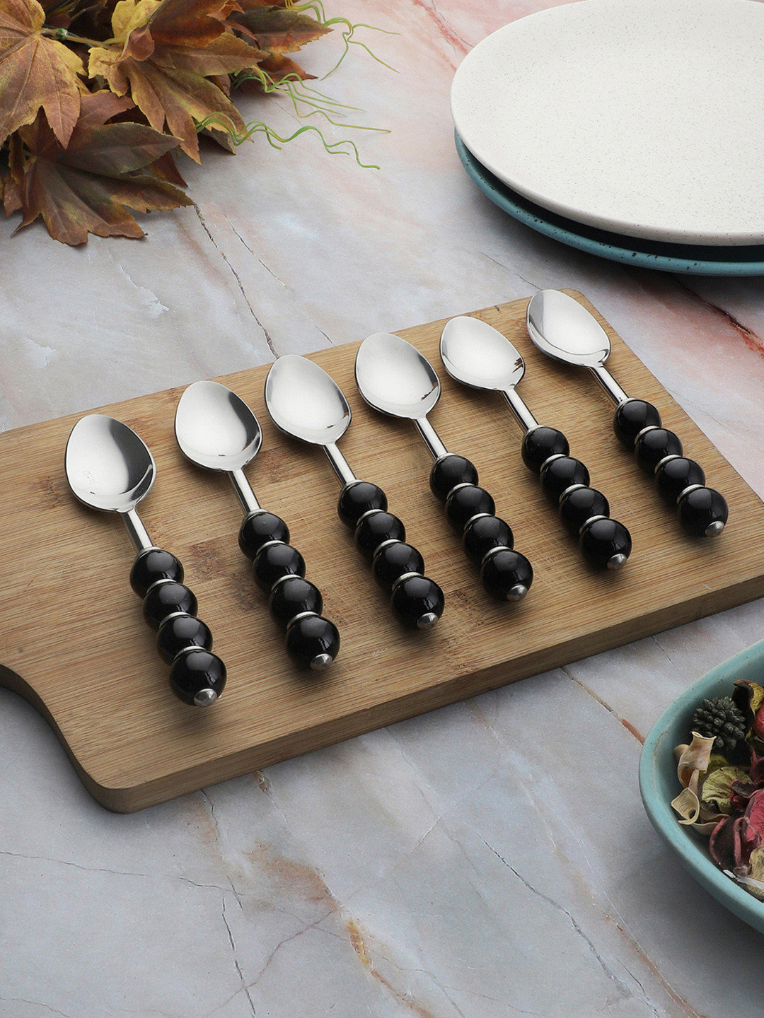 VarEesha Set Of 6 Black Beads Stainless Steel Tea Spoons