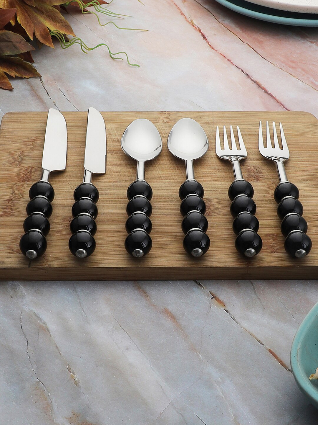VarEesha Set Of 6 Black Beads Stainless Steel Cutlery Sets