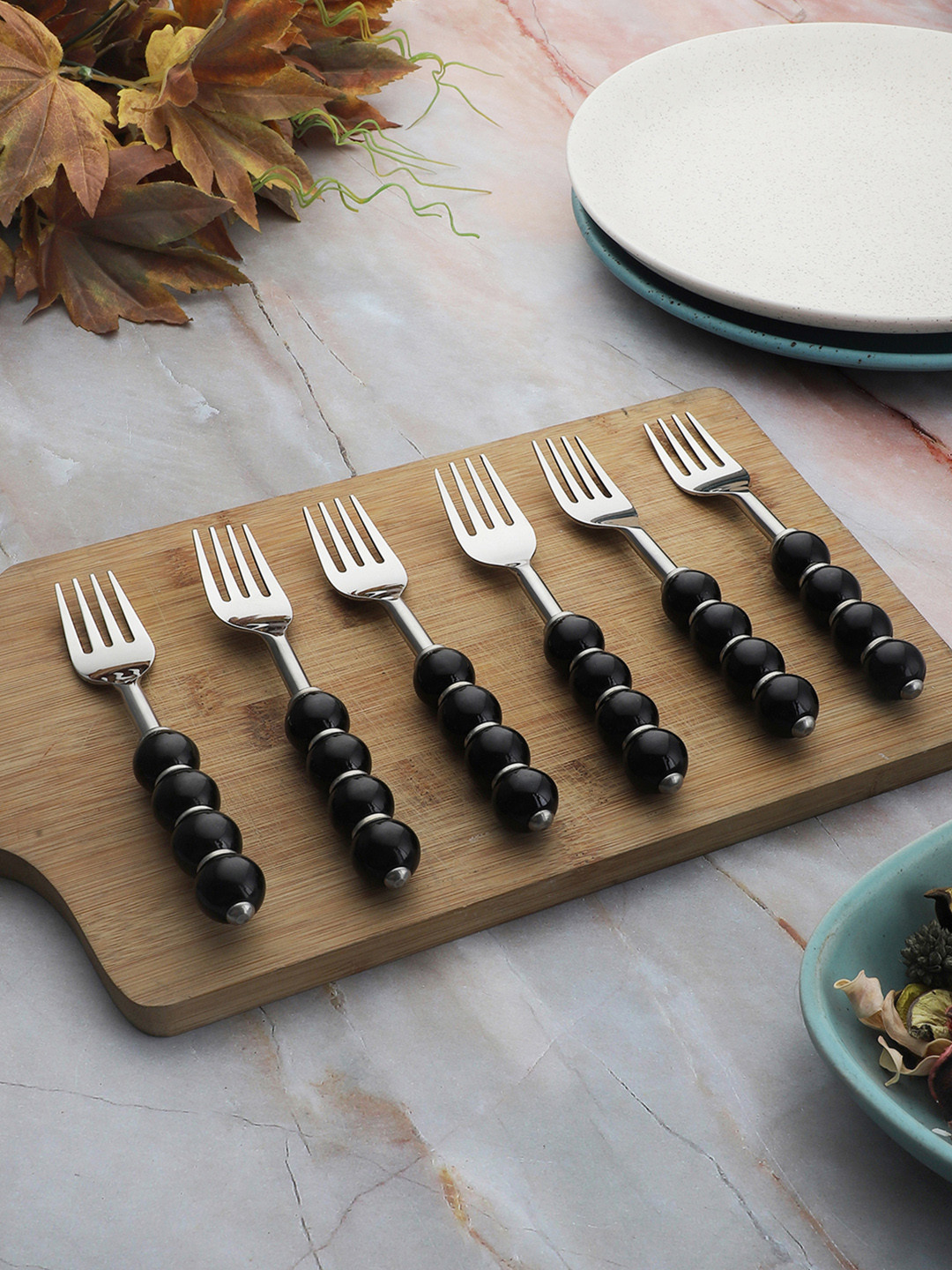 VarEesha Set of 6 Regal Black Beads Stainless Steel Forks