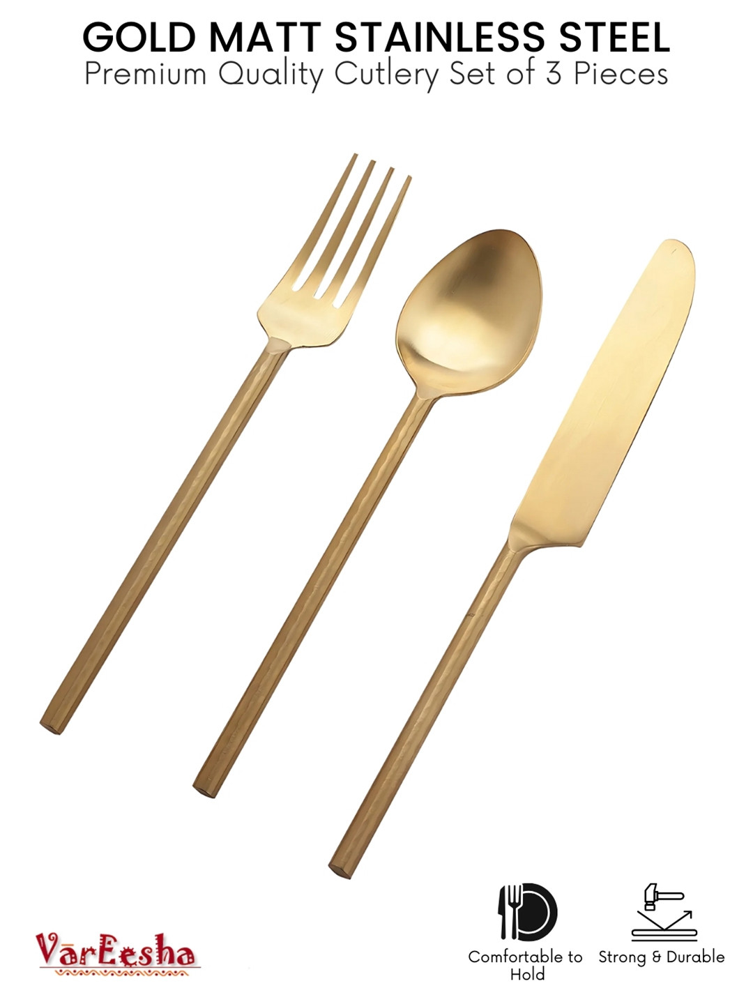 VarEesha Set of 3 Gold-Toned Matt Stainless Steel Cutlery Set