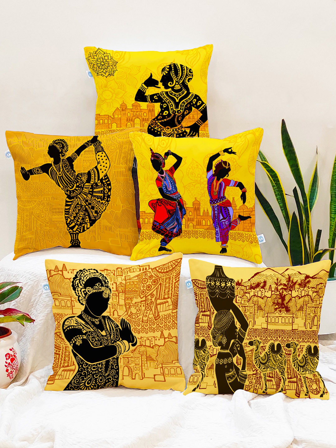 STITCHNEST Set of 5 Yellow & Black Ethnic Motifs 24'' x 24'' Cushion Cover