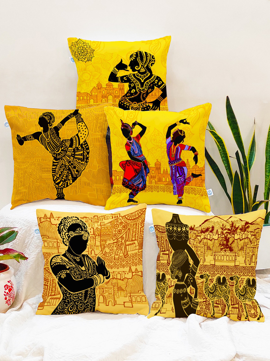 STITCHNEST Dance Ethnic Motifs Polyester Silk Washable 5 Pcs Cushion Covers -12x12In