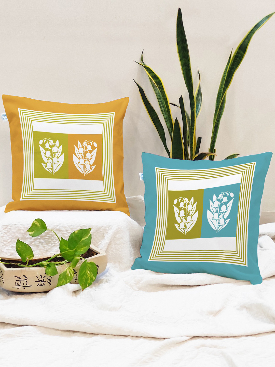 STITCHNEST Set of 2 Yellow & Blue Floral 24'' x 24'' Cushion Cover