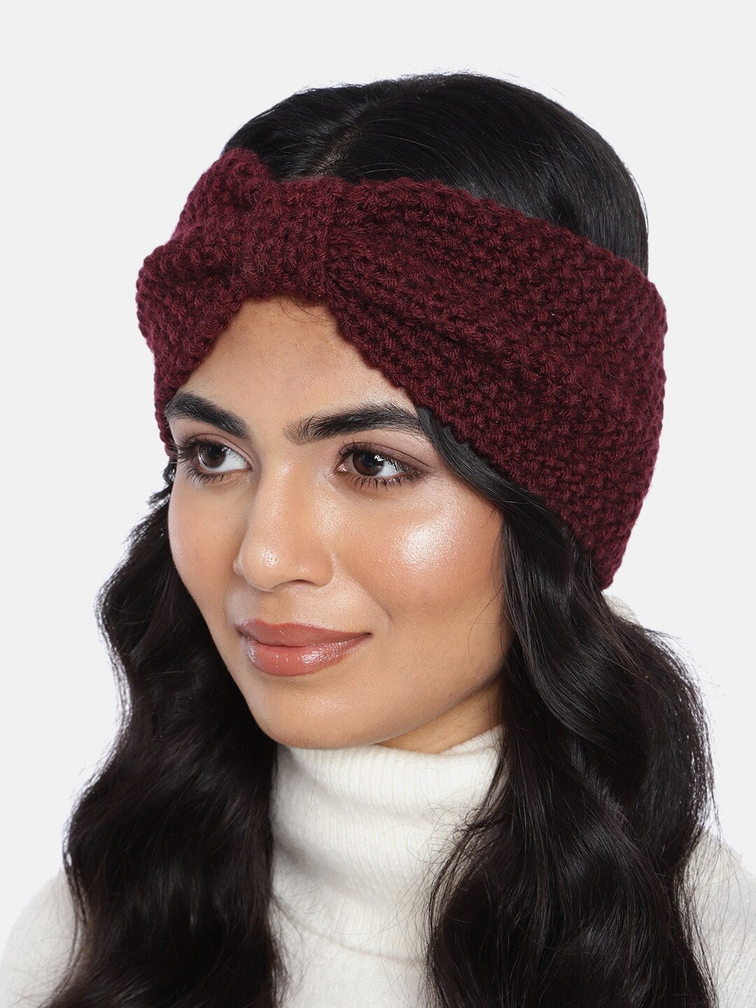 Magic Needles Women Burgundy Self-Design Woollen Bandana Headband with Bow Detail