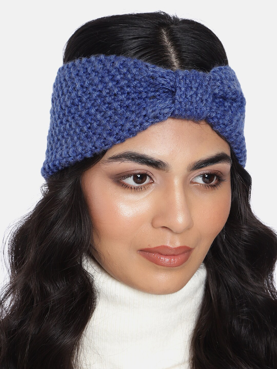 Magic Needles Women Denim Blue Self-Design Woollen Bandana Headband with Bow Detail