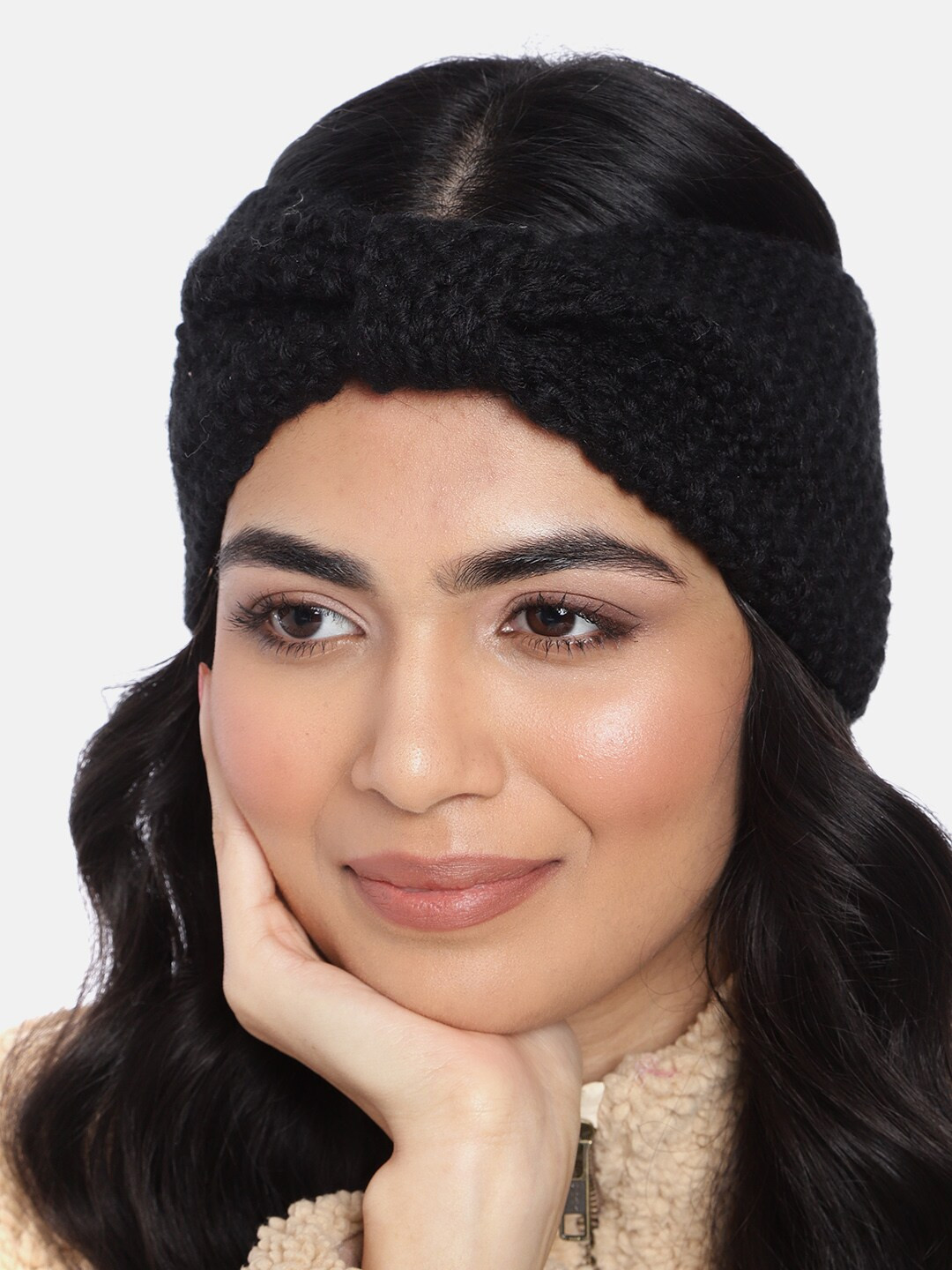 Magic Needles Women Black Self-Design Woollen Bandana Headband with Bow Detail