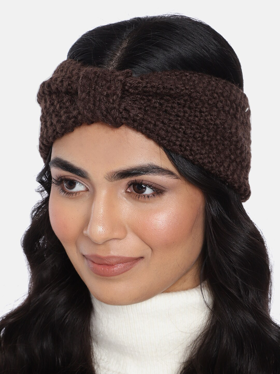 Magic Needles Women Chocolate Brown Self-Design Woollen Bandana Headband with Bow Detail