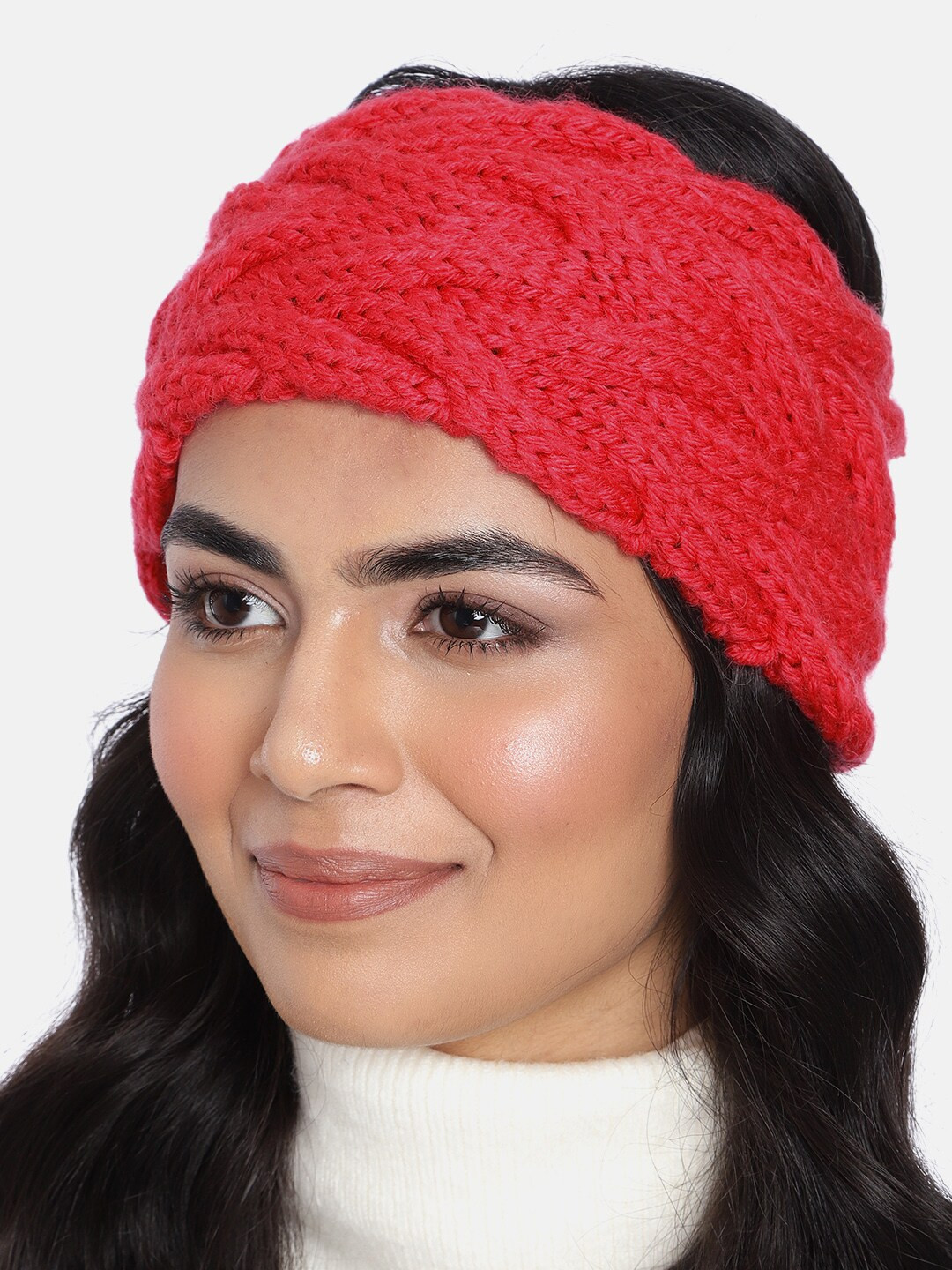 Magic Needles Women Red Braided Double Cable Woollen Bandana Headband