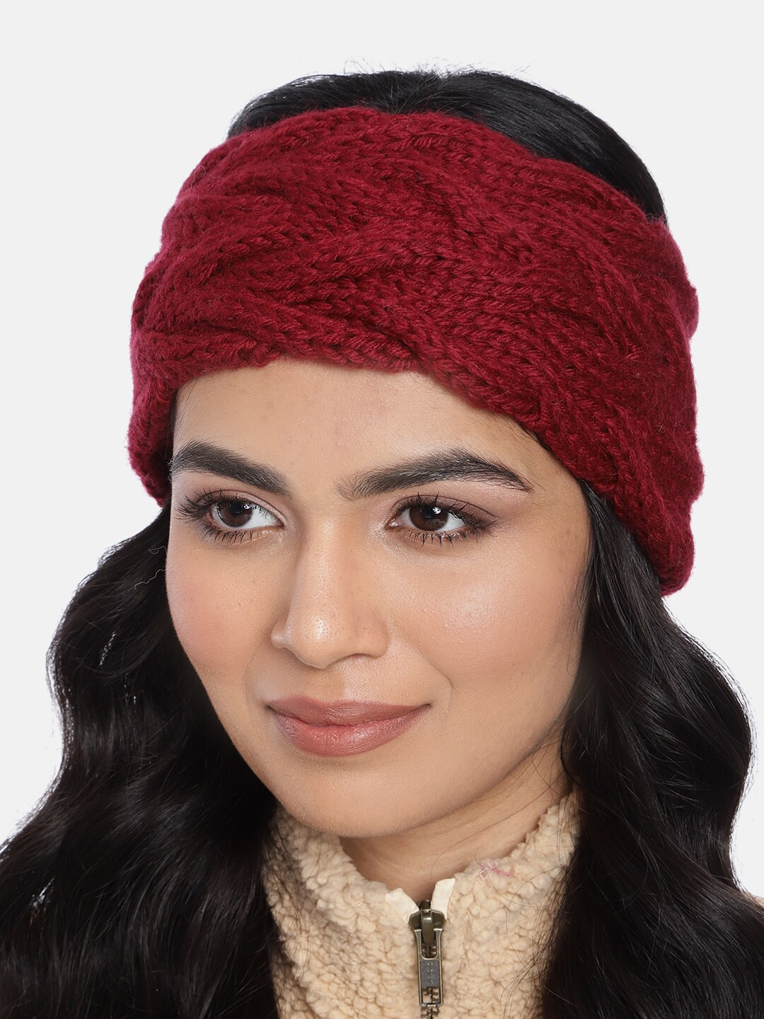 Magic Needles Women Maroon Braided Double Cable Woollen Bandana Headband