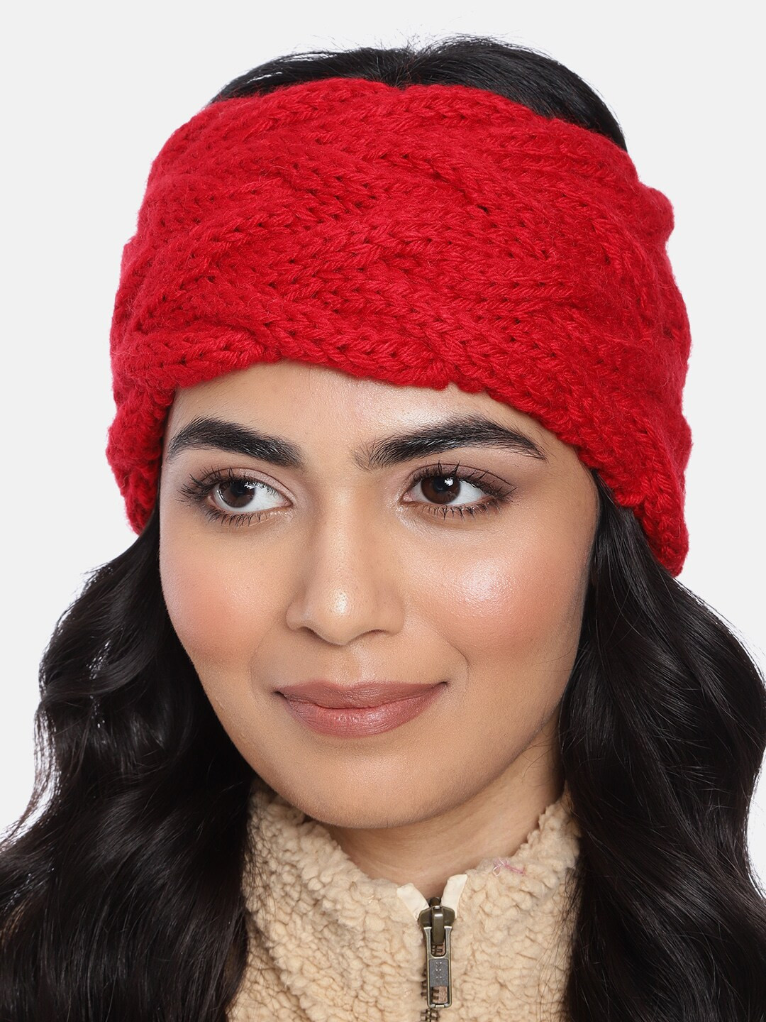 Magic Needles Women Red Braided Double Cable Woollen Bandana Headband