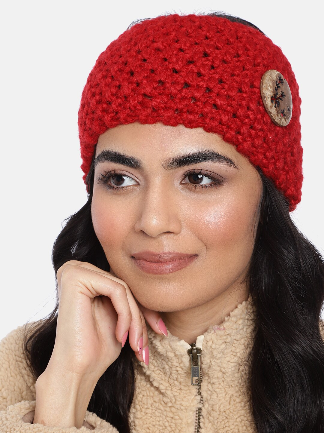 Magic Needles Women Red Self-Design Knitted Thick Woollen Headband with Carved Button