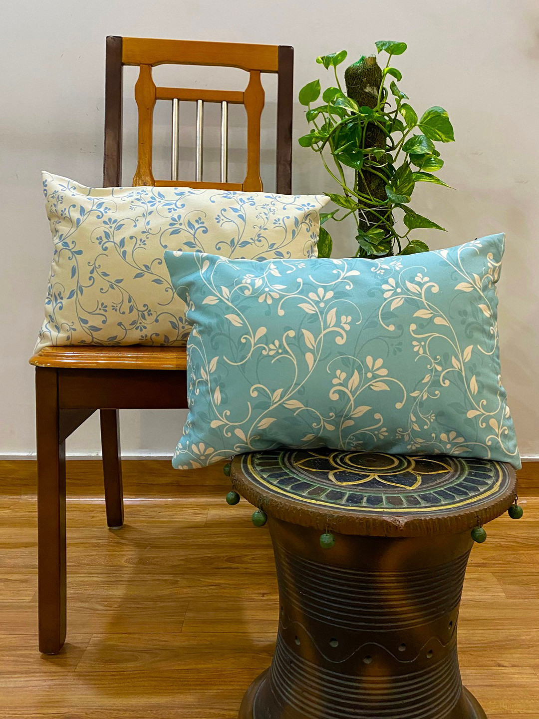 STITCHNEST Green Floral Cotton Breathable 2 Piece Rectangle Cushion Covers -12x18In