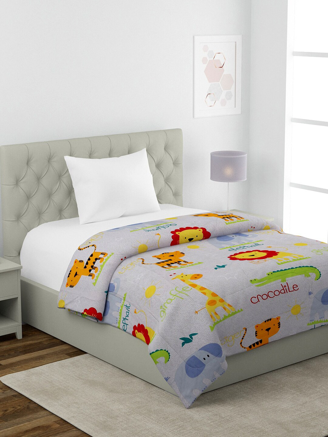 HOSTA HOMES Grey & Green Cartoon Characters Heavy Winter 210 GSM Single Bed Comforter