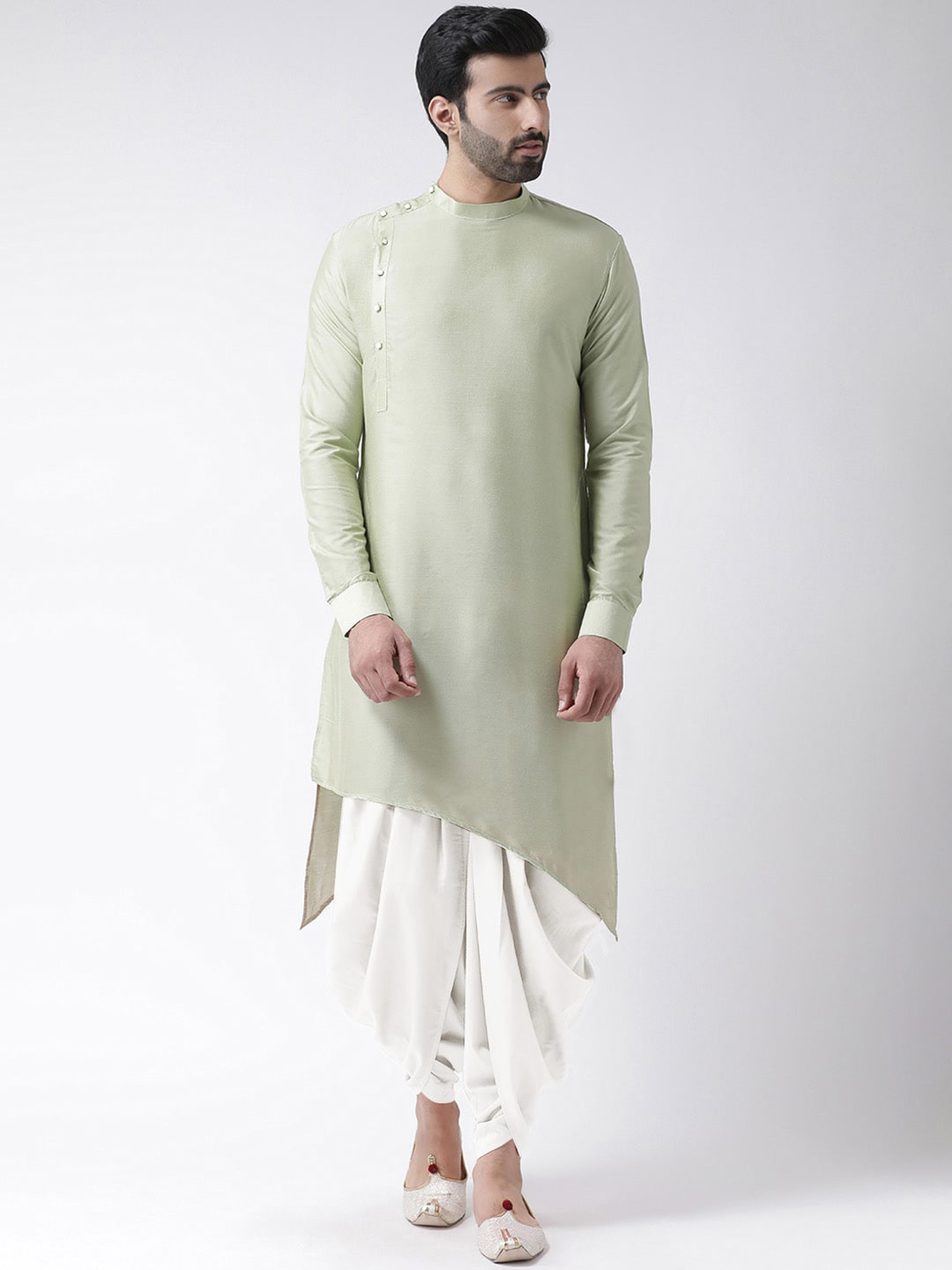 KISAH Men Lime Green Angrakha Kurta with Dhoti Pants Set