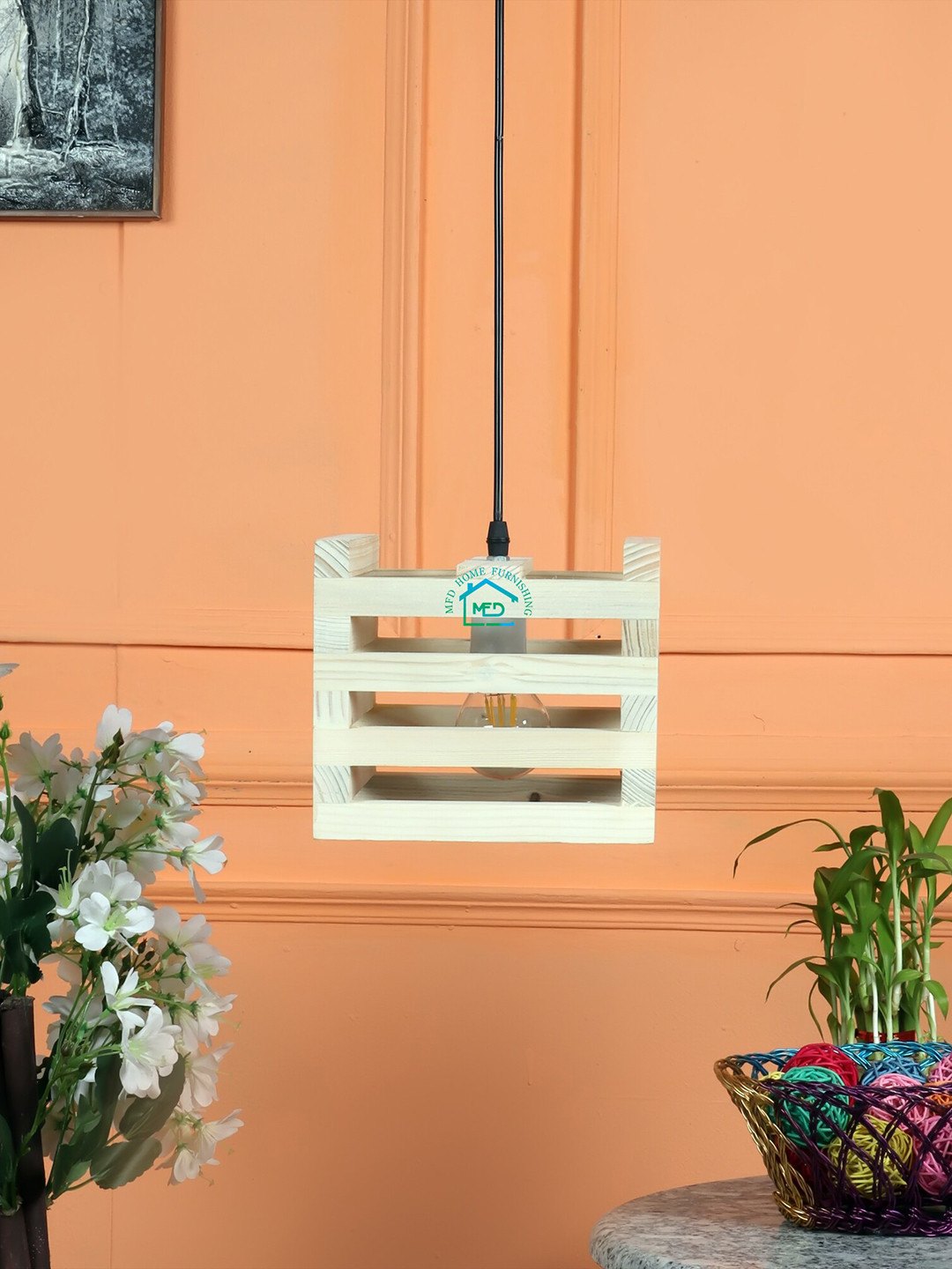 GharSajao Beige Square Wood Ceiling Lamps